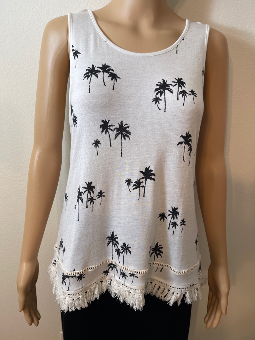 W5 Top Black Palm Tree Print and Fringe